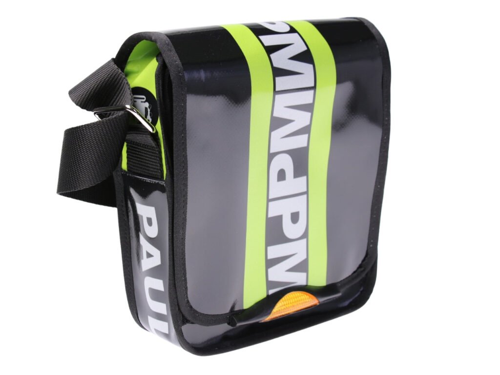 ...BLACK FOREST AND LIME CROSSBODY BAG. MODEL MIPOK MADE OF LORRY TARPAULIN.