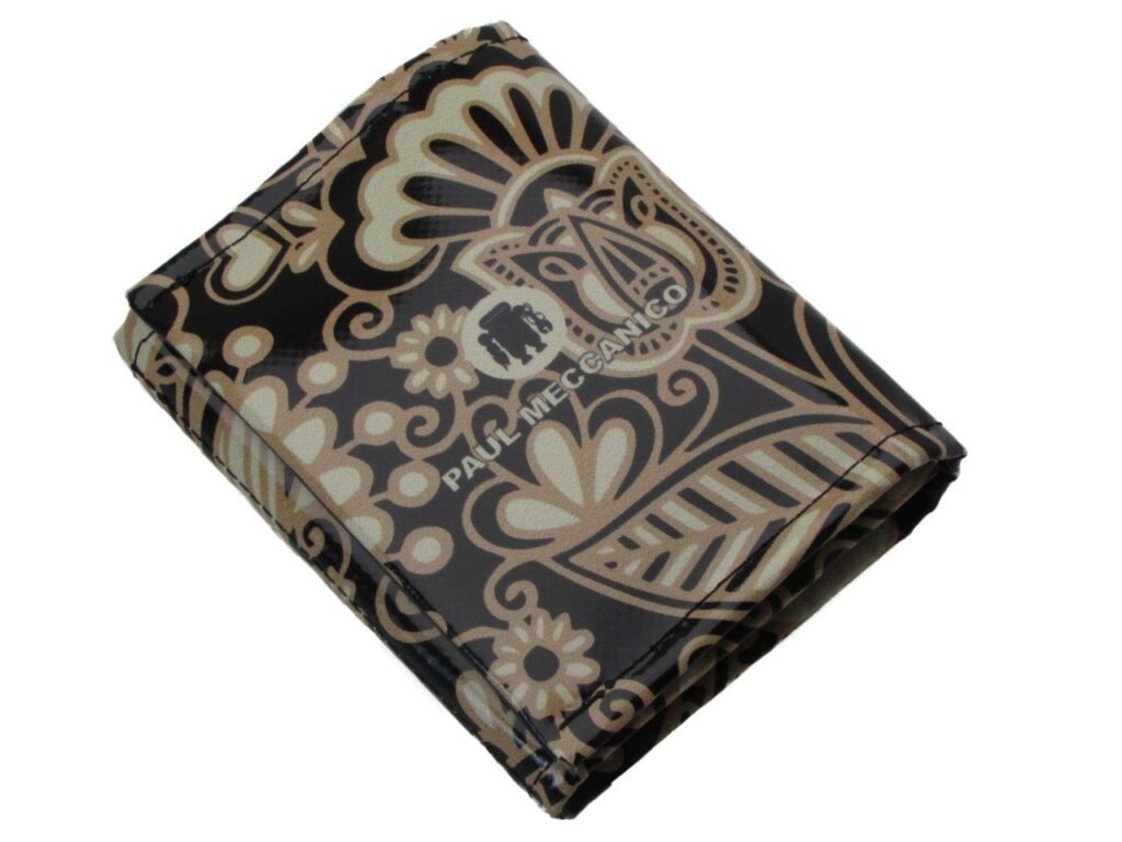 PORTAFOGLIO DONNA NERO E BEIGE COLORI FANTASIA MAIOLICA. MODELLO TREK REALIZZATO CON TELONI DI CAMION. - Paul Meccanico
