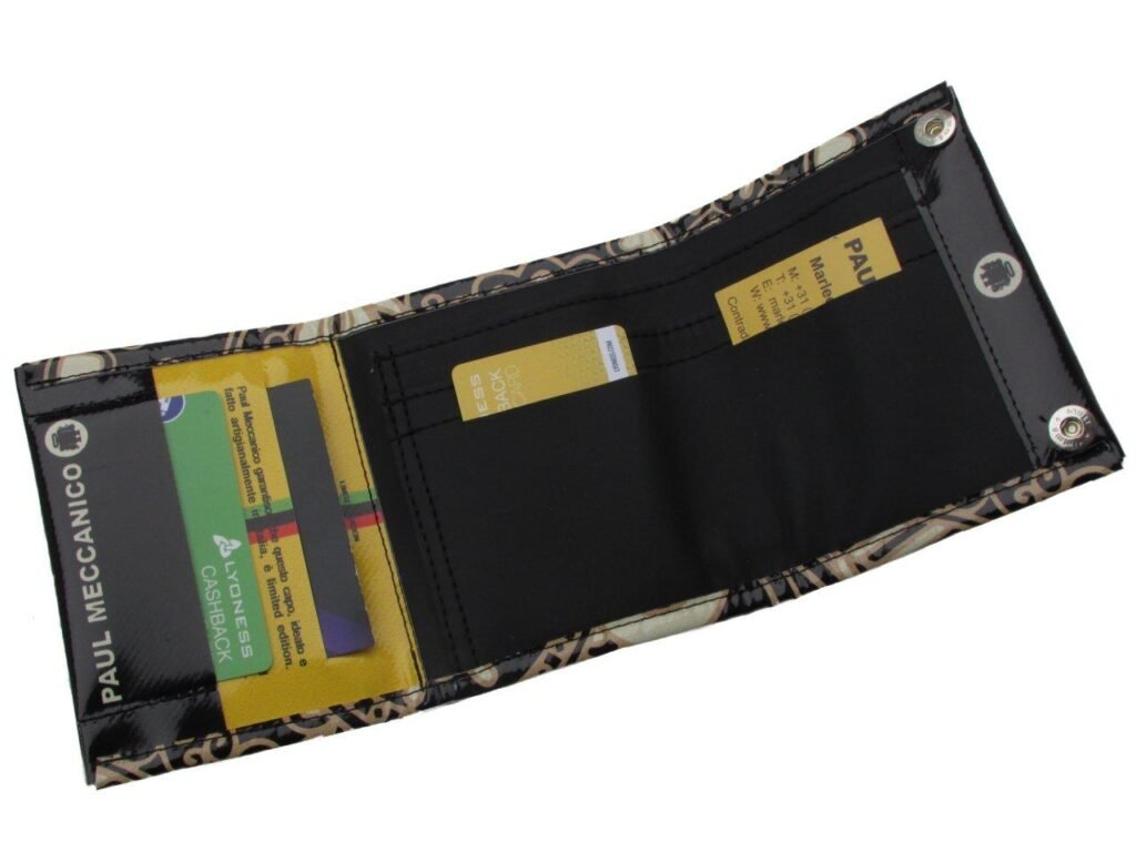 WOMAN WALLET BLACK AND BEIGE COLOURS MAJOLICA FANTASY. MODEL TREK MADE OF LORRY TARPAULIN. - Paul Meccanico