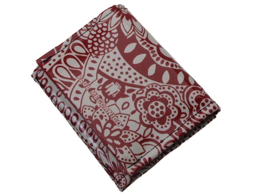 PORTAFOGLIO DONNA ROSSO SCURO E BEIGE COLORI FANTASIA MAIOLICA. MODELLO TREK REALIZZATO CON TELONI DI CAMION. - Edizione limitata Paul Meccanico