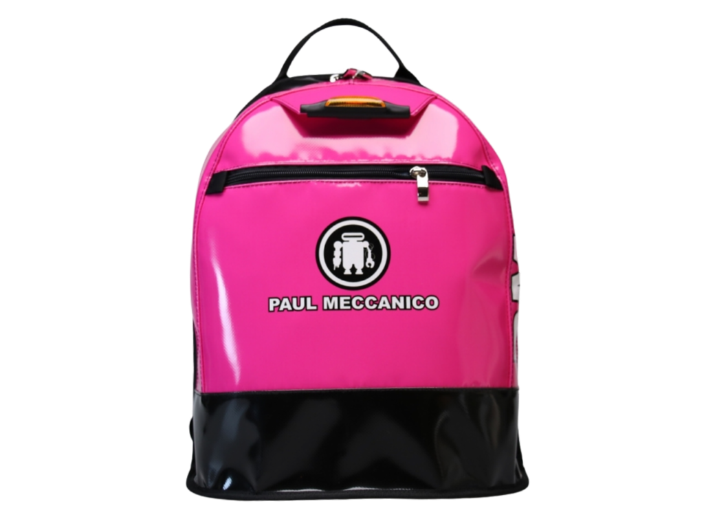 SUPER backpack in fuchsia pink and black with white print, front view