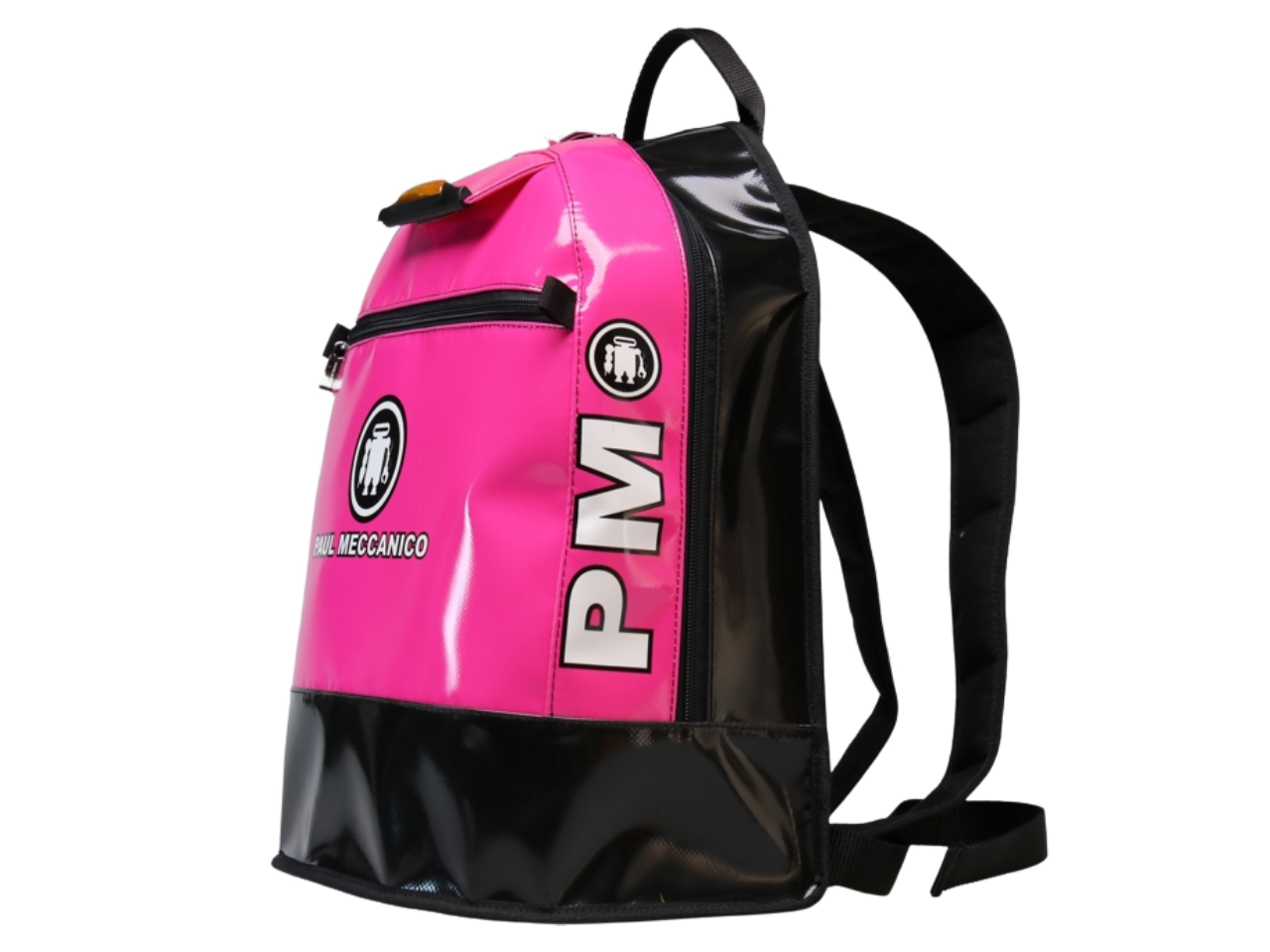 SUPER backpack in fuchsia pink and black, three-quarter view from the right