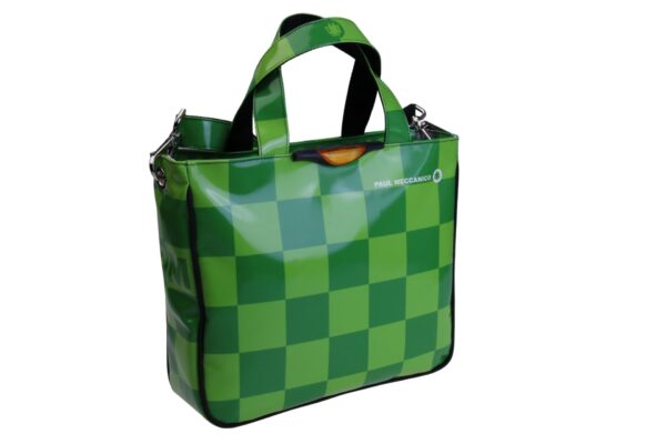 ..GREEN TOTE WITH CHESS FANTASY. MODEL GLAM MADE OF LORRY TARPAULIN.