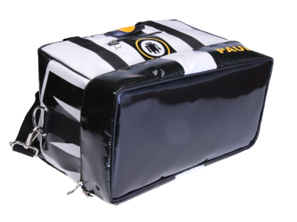 BLACK AND WHITE HAND LUGGAGE BAG 40 X 20 X 25 CM. MODEL FLYME MADE OF LORRY TARPAULIN.
