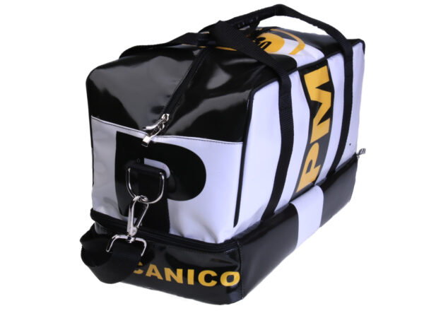 BLACK AND WHITE HAND LUGGAGE BAG 40 X 20 X 25 CM. MODEL FLYME MADE OF LORRY TARPAULIN.