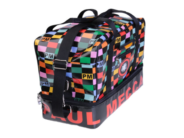 MULTICOLOR HAND LUGGAGE WITH GEOMETRIC FANTASY BAG 40 X 20 X 25 CM. MODEL FLYME MADE OF LORRY TARPAULIN.