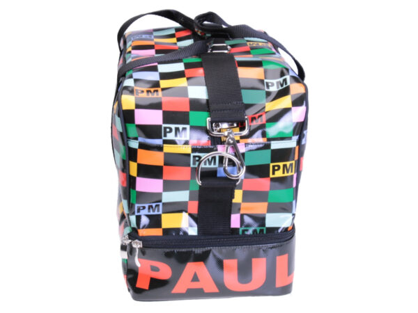 MULTICOLOR HAND LUGGAGE WITH GEOMETRIC FANTASY BAG 40 X 20 X 25 CM. MODEL FLYME MADE OF LORRY TARPAULIN.