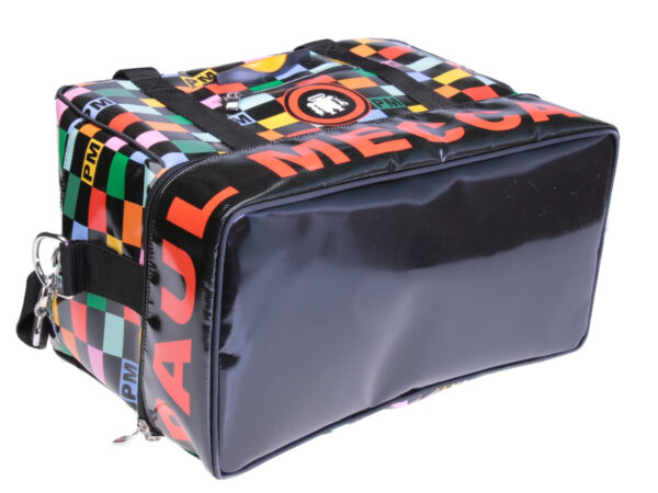 MULTICOLOR HAND LUGGAGE WITH GEOMETRIC FANTASY BAG 40 X 20 X 25 CM. MODEL FLYME MADE OF LORRY TARPAULIN.