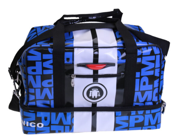 HAND LUGGAGE BAG BLACK, BLUE AND WHITE 40 X 20 X 25 CM. MODEL FLYME MADE OF LORRY TARPAULIN.