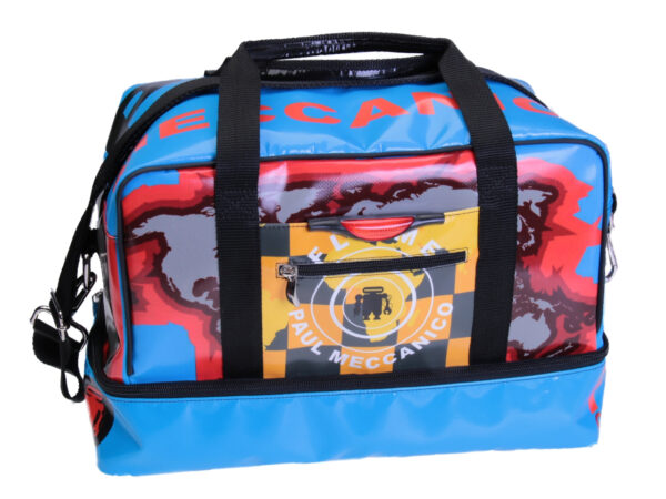 LIGHT BLUE HAND LUGGAGE "GLOBE" BAG 40 X 20 X 25 CM. MODEL FLYME MADE OF LORRY TARPAULIN.