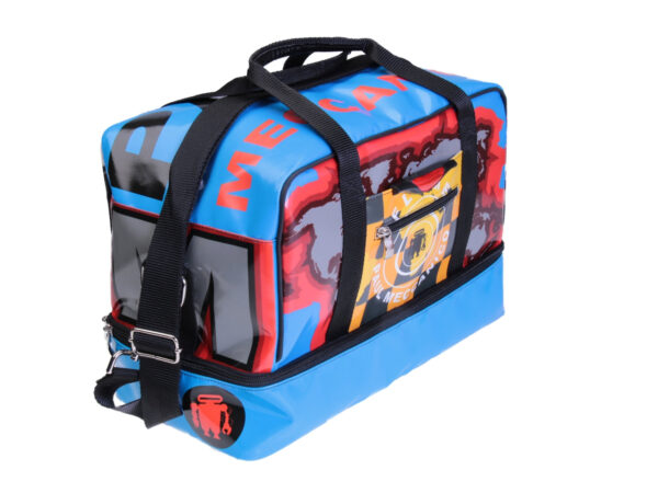 LIGHT BLUE HAND LUGGAGE "GLOBE" BAG 40 X 20 X 25 CM. MODEL FLYME MADE OF LORRY TARPAULIN.