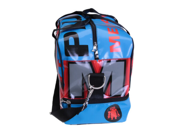 LIGHT BLUE HAND LUGGAGE "GLOBE" BAG 40 X 20 X 25 CM. MODEL FLYME MADE OF LORRY TARPAULIN.