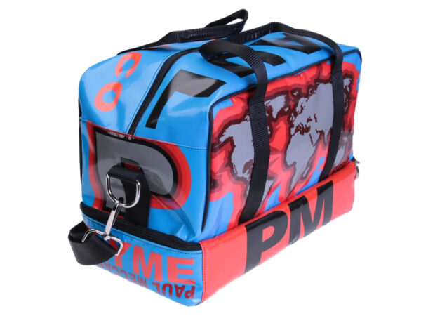 LIGHT BLUE HAND LUGGAGE "GLOBE" BAG 40 X 20 X 25 CM. MODEL FLYME MADE OF LORRY TARPAULIN.