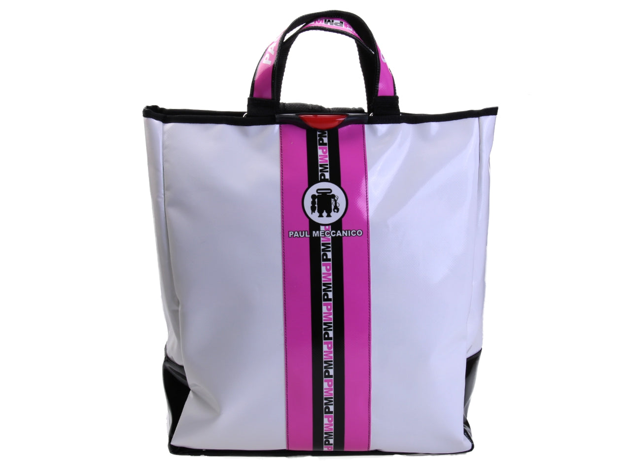 2 IN 1 BRIEFCASE AND BACKPACK WHITE WITH FUXIA AND BLACK. MODEL HYBRID MADE OF LORRY TARPAULIN.