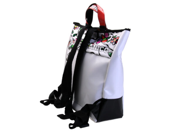 2 IN 1 BRIEFCASE AND BACKPACK WHITE WITH FLORAL FANTASY. MODEL HYBRID MADE OF LORRY TARPAULIN.