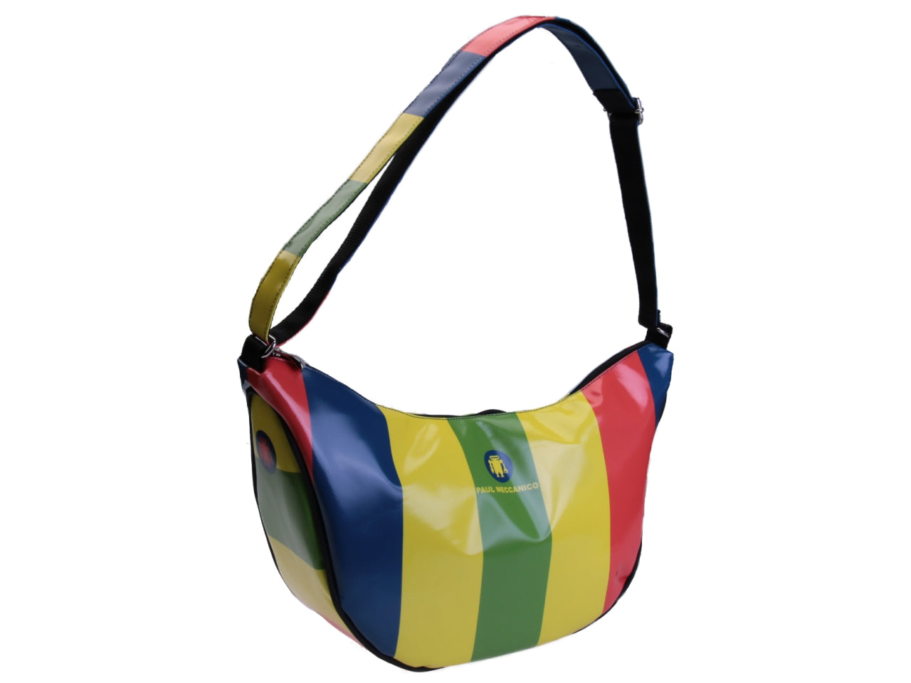 MULTICOLOR CRESCENT BAG WITH STRIPED PATTERN. MODEL SPLIT MADE OF LORRY TARPAULIN.