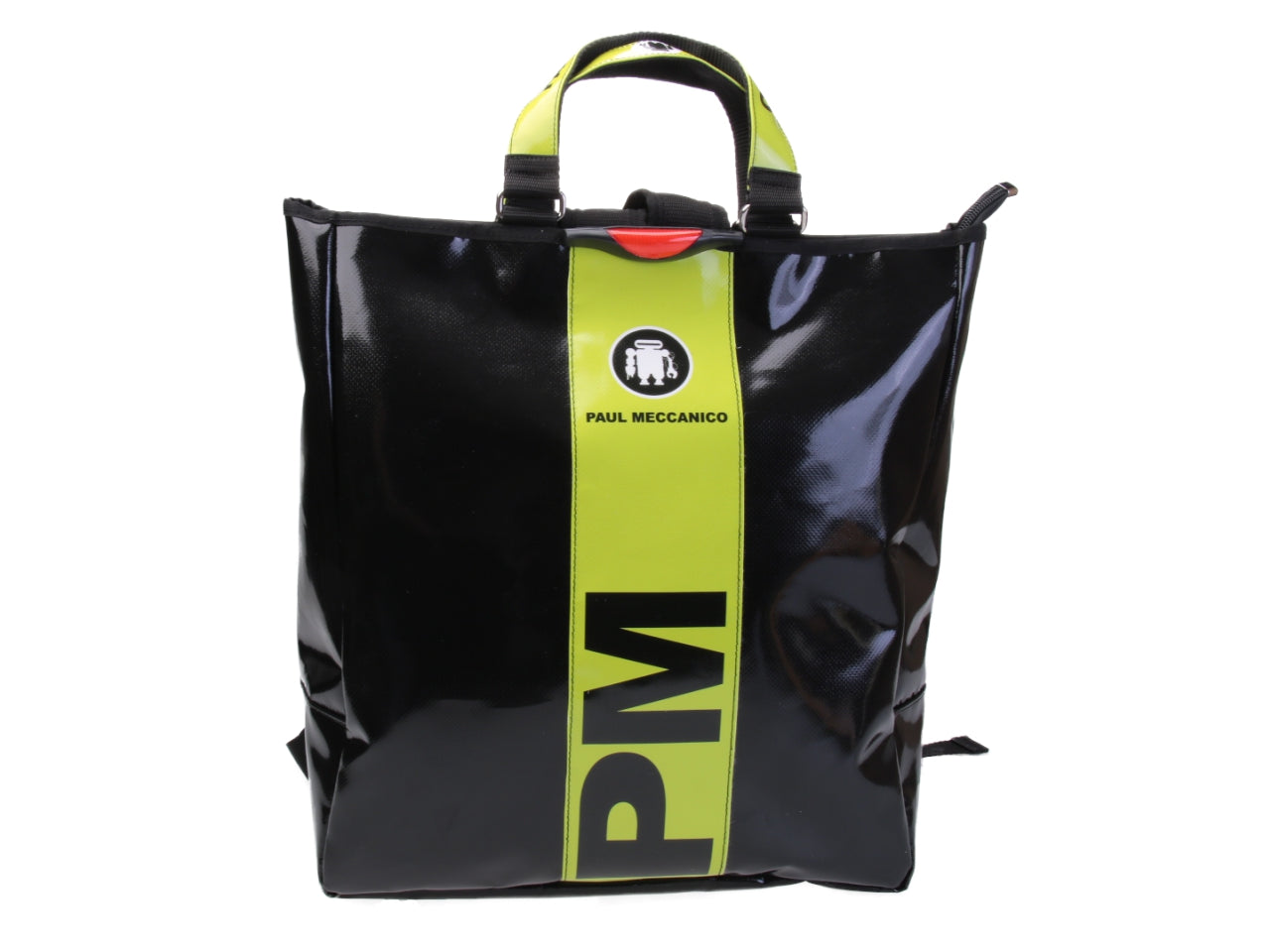 2 IN 1 BRIEFCASE AND BACKPACK IN BLACK AND FLUORESCENT GREEN. MODEL HYBRID MADE OF LORRY TARPAULIN.