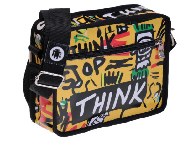 YELLOW GENDERLESS CROSSBODY BAG WITH MURALES FANTASY. MODEL FRIK  MADE OF LORRY TARPAULIN.