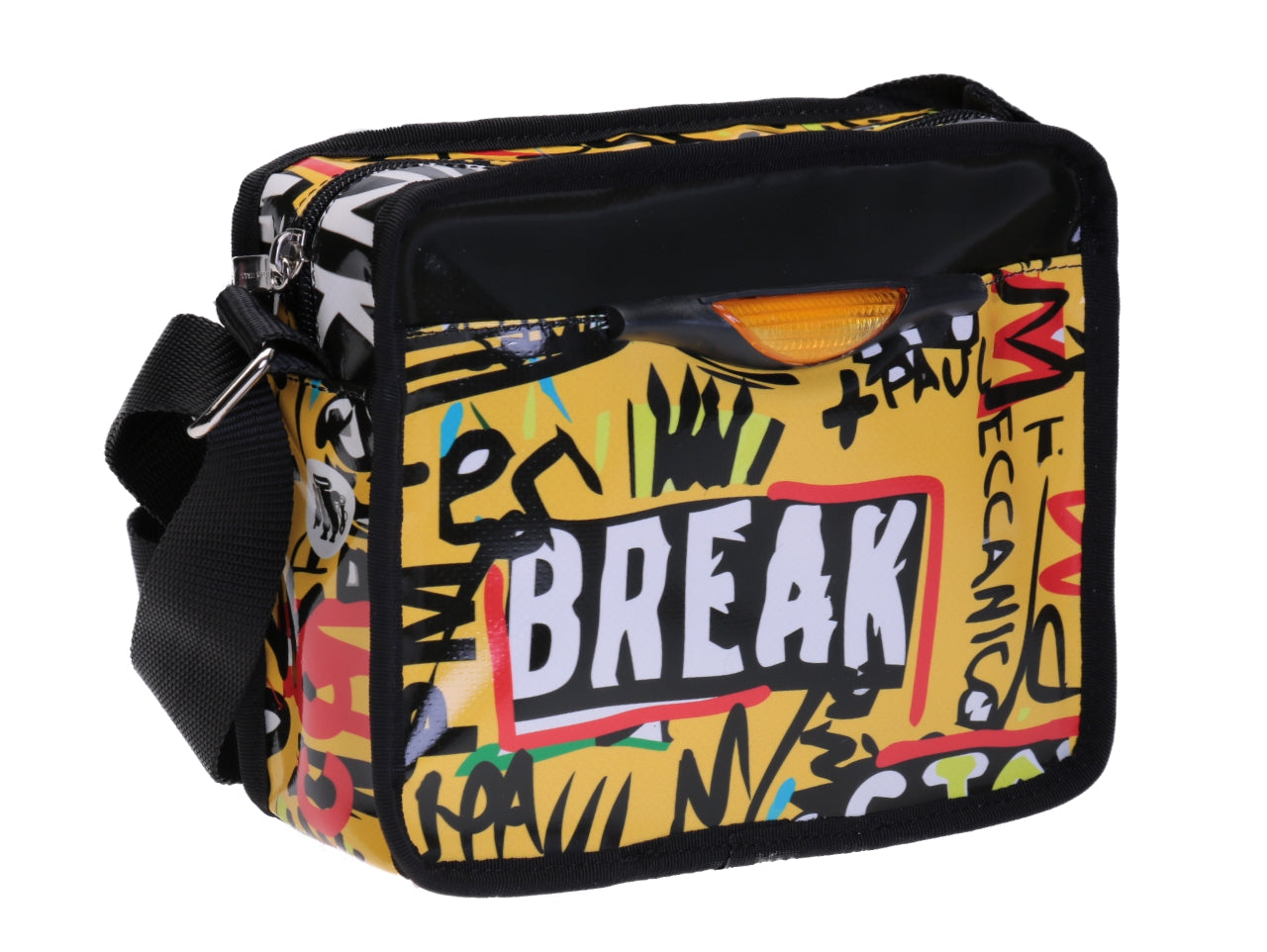 YELLOW GENDERLESS CROSSBODY BAG WITH MURALES FANTASY. MODEL FRIK  MADE OF LORRY TARPAULIN.