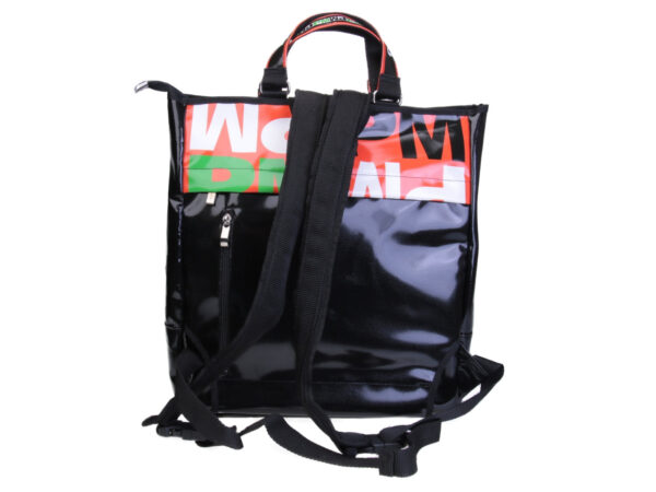 2 IN 1 BRIEFCASE AND BACKPACK IN BLACK AND RED. MODEL HYBRID MADE OF LORRY TARPAULIN.
