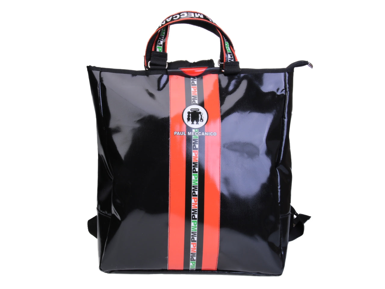 2 IN 1 BRIEFCASE AND BACKPACK IN BLACK AND RED. MODEL HYBRID MADE OF LORRY TARPAULIN.