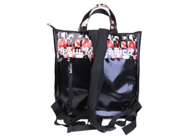 2 IN 1 BRIEFCASE AND BACKPACK BLACK WITH COLOURED LETTER FANTASY. MODEL HYBRID MADE OF LORRY TARPAULIN.