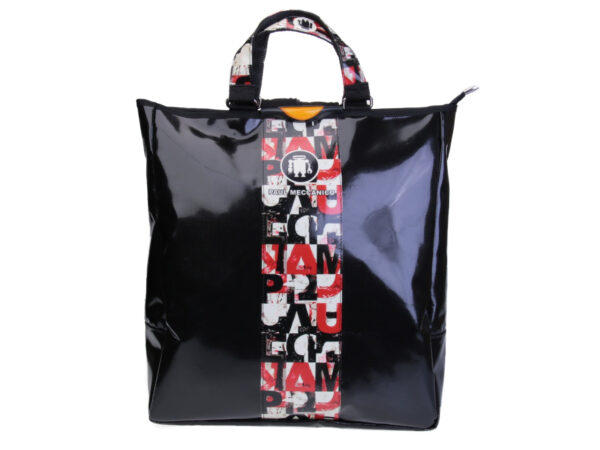 2 IN 1 BRIEFCASE AND BACKPACK BLACK WITH COLOURED LETTER FANTASY. MODEL HYBRID MADE OF LORRY TARPAULIN.