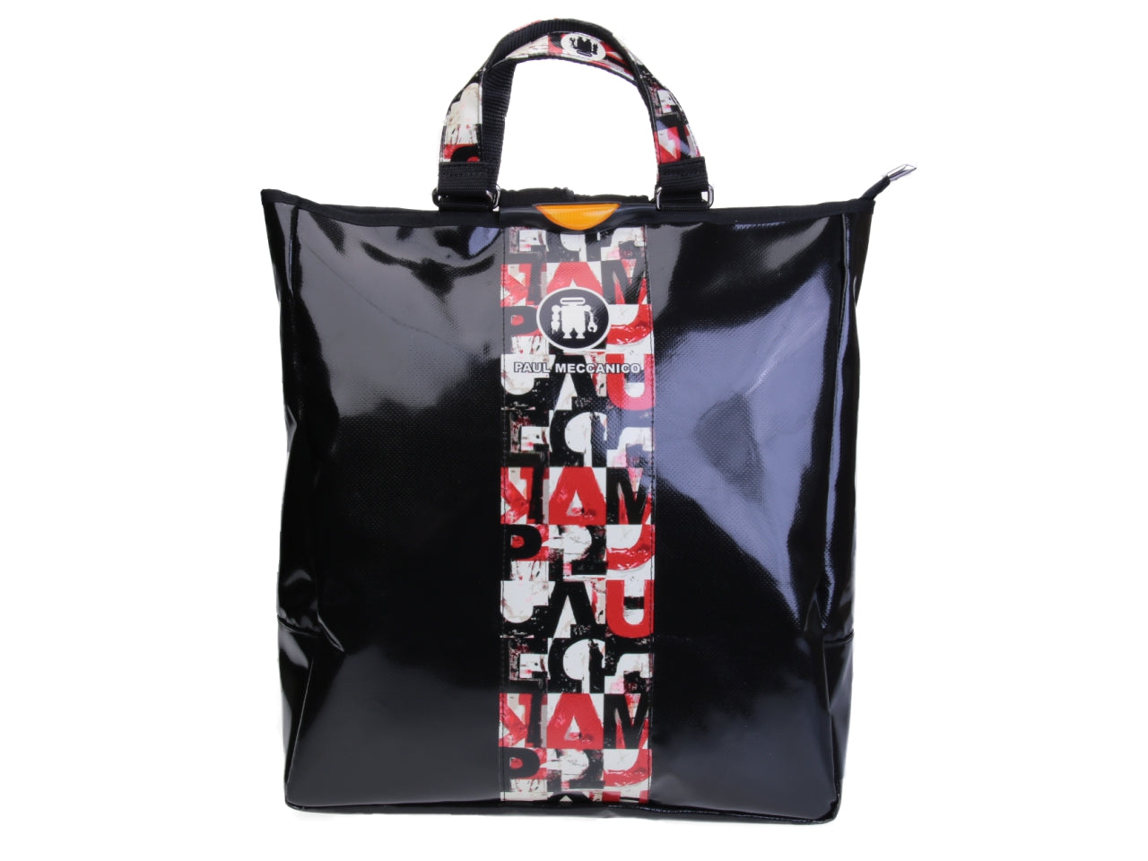 2 IN 1 BRIEFCASE AND BACKPACK BLACK WITH COLOURED LETTER FANTASY. MODEL HYBRID MADE OF LORRY TARPAULIN.