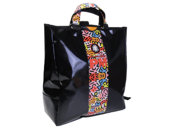 2 IN 1 BRIEFCASE AND BACKPACK BLACK WITH MULTICOLOR BAND. MODEL HYBRID MADE OF LORRY TARPAULIN.