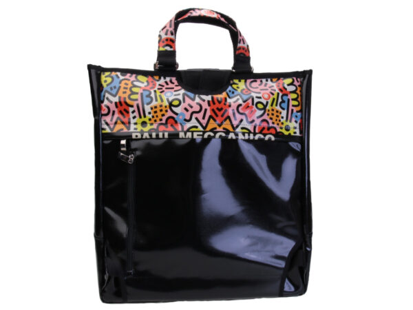 2 IN 1 BRIEFCASE AND BACKPACK BLACK WITH MULTICOLOR BAND. MODEL HYBRID MADE OF LORRY TARPAULIN.