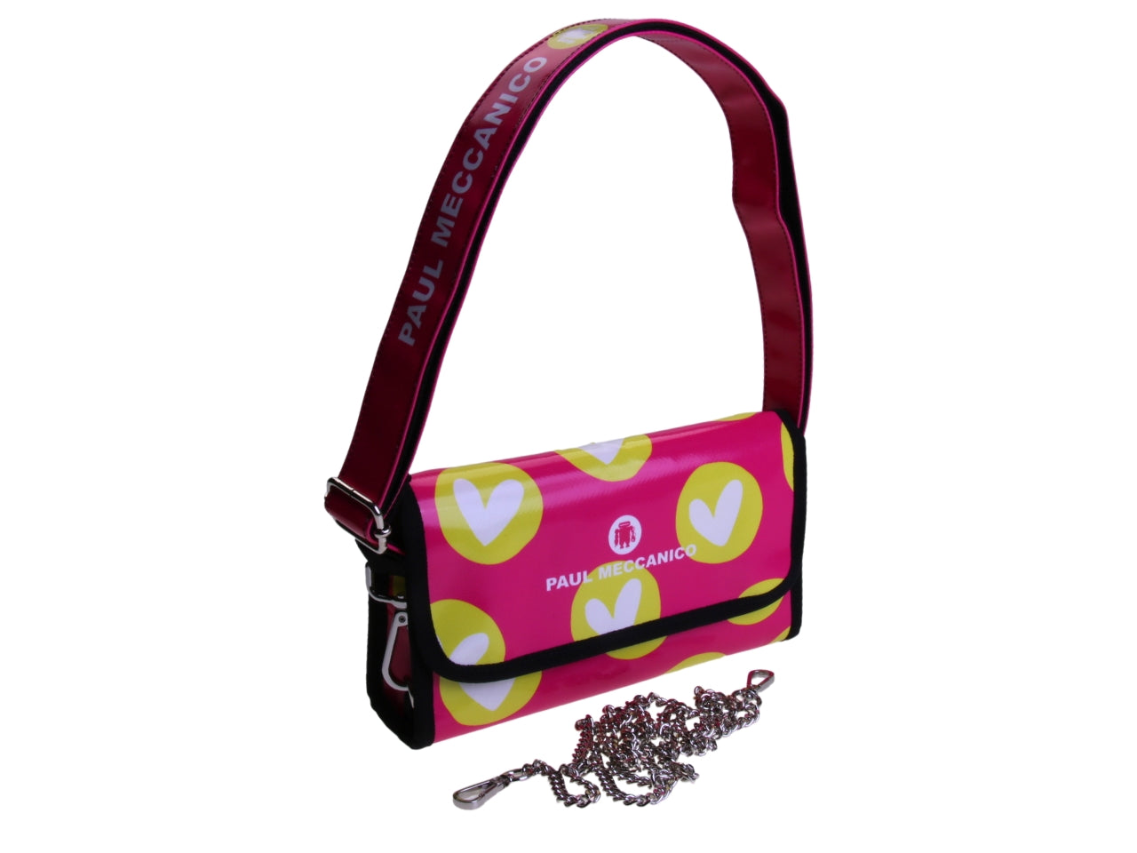 ...FUXIA CLUTCH BAG "HEARTS". MODEL CANDY MADE OF LORRY TARPAULIN.