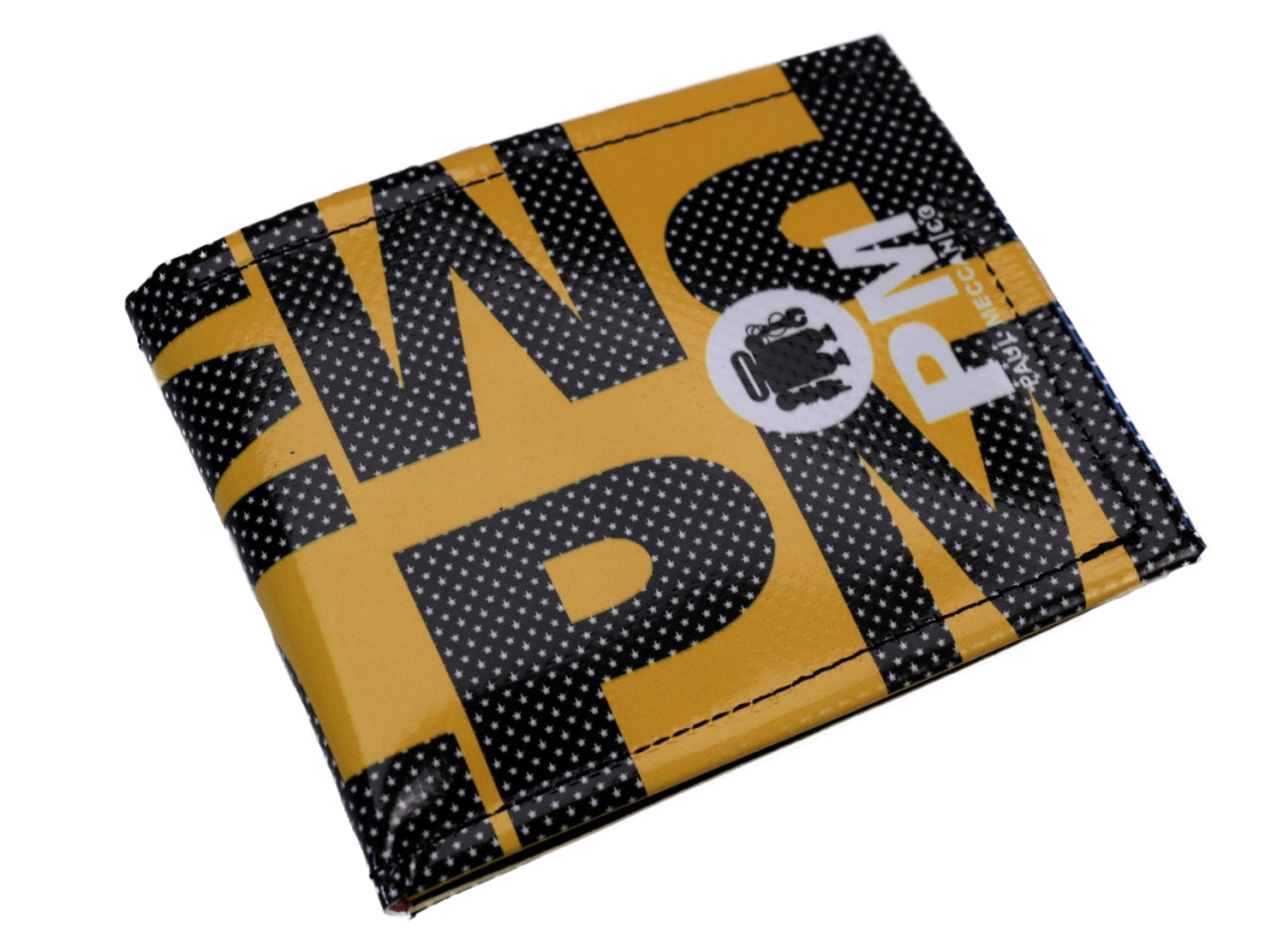 YELLOW MEN'S WALLET WITH LETTERING FANTASY. MODEL CRIK MADE OF LORRY TARPAULIN.