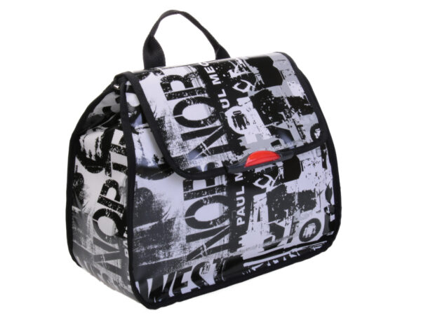 BLACK AND WHITE WOMEN'S "BACK BAG" MAGAZINE STYLE. MODEL PULP MADE OF LORRY TARPAULIN.