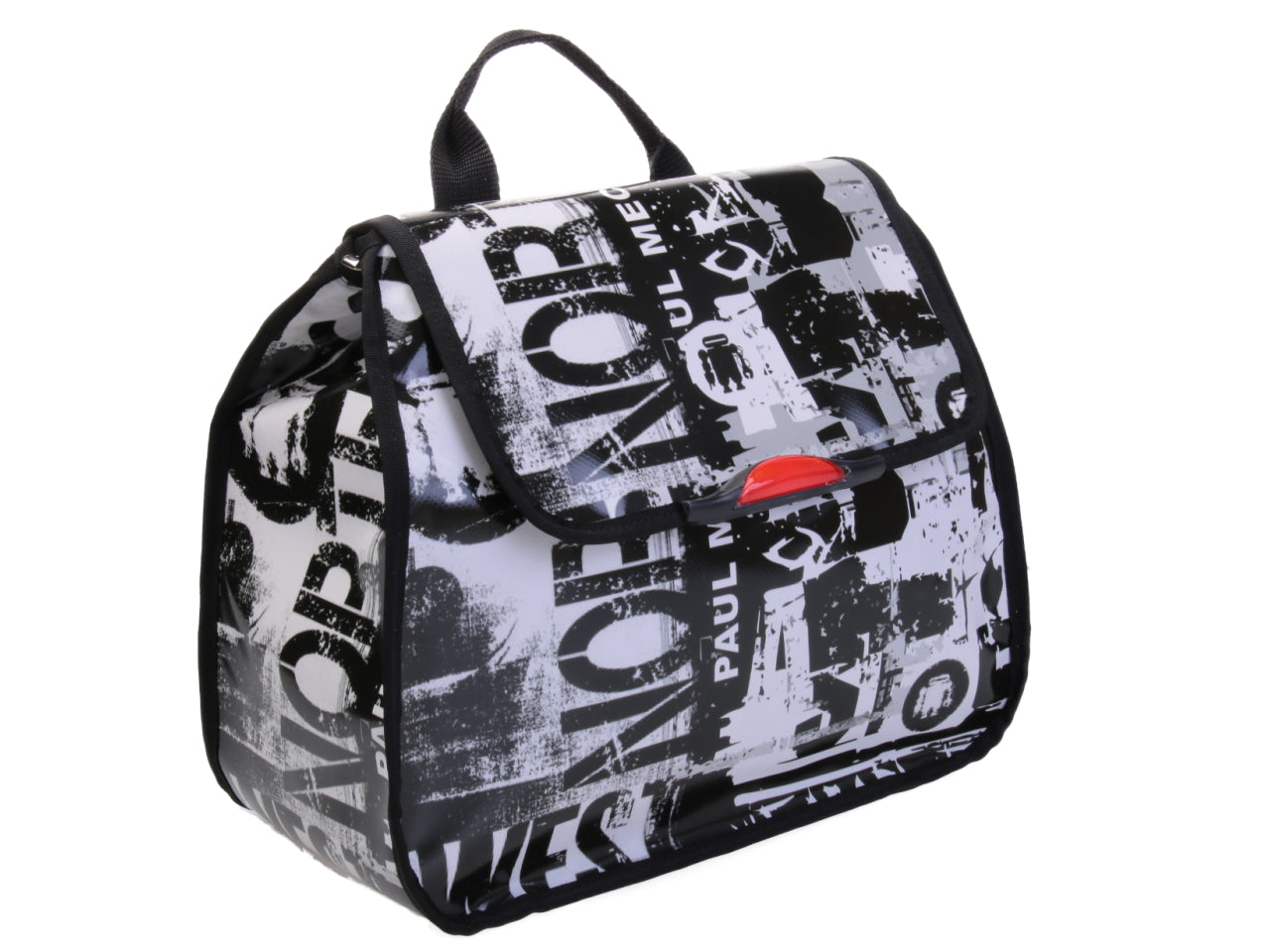 BLACK AND WHITE WOMEN'S "BACK BAG" MAGAZINE STYLE. MODEL PULP MADE OF LORRY TARPAULIN.