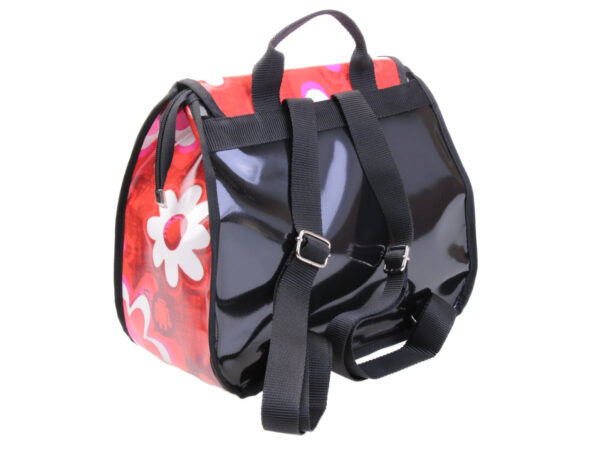 RED WOMEN'S "BACK BAG" WITH FLORAL FANTASY. MODEL PULP MADE OF LORRY TARPAULIN.