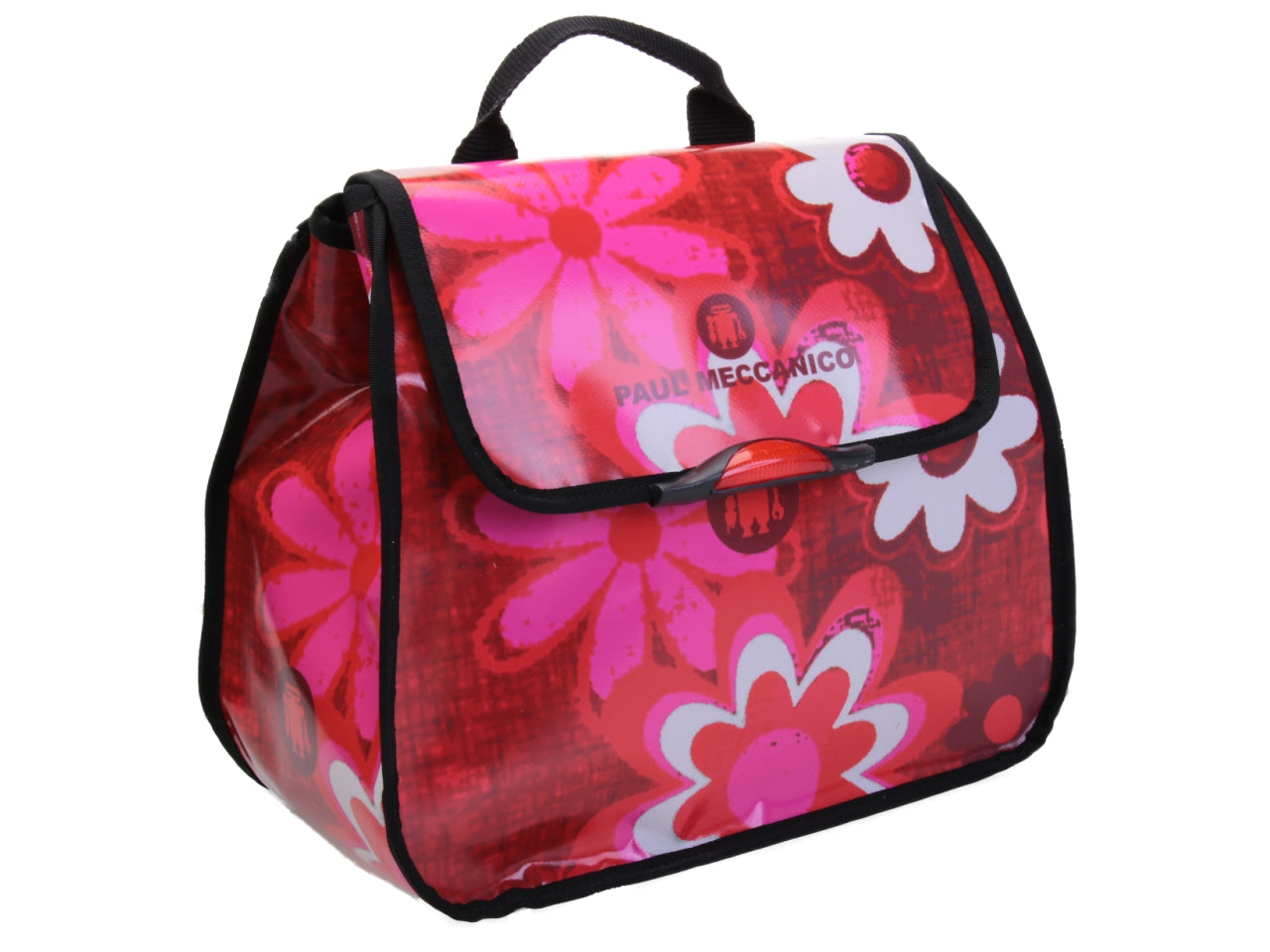 RED WOMEN'S "BACK BAG" WITH FLORAL FANTASY. MODEL PULP MADE OF LORRY TARPAULIN.