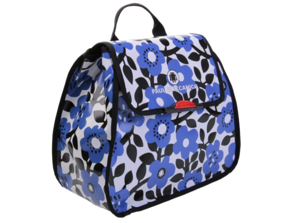 WOMEN'S "BACK BAG" WHITE, BLACK AND LIGHT BLUE WITH FLORAL FANTASY. MODEL PULP MADE OF LORRY TARPAULIN.