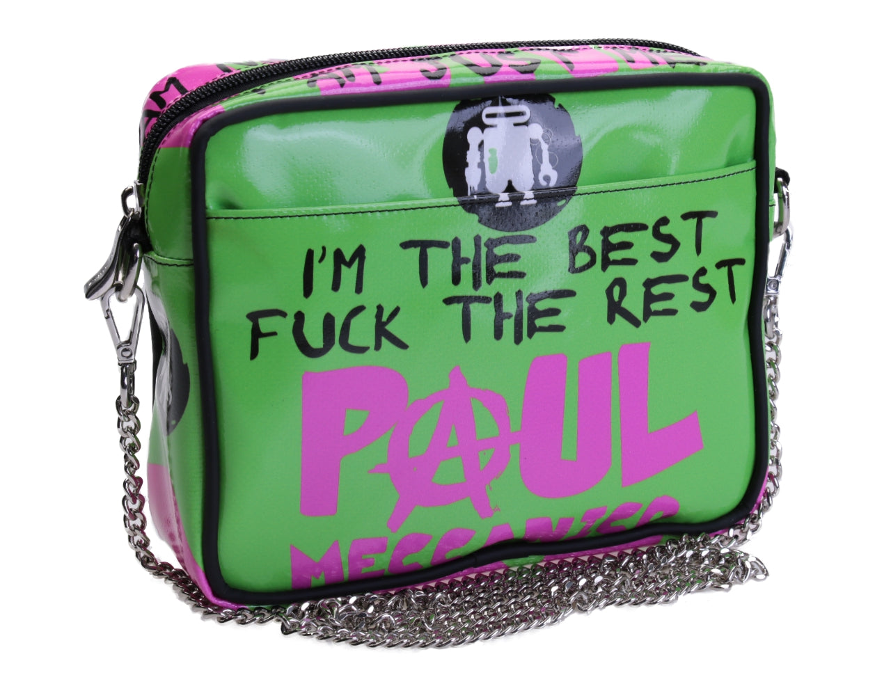 GREEN CLUTCH "I'M THE BEST FUCK THE REST". PARK MODEL MADE OF LORRY TARPAULIN.