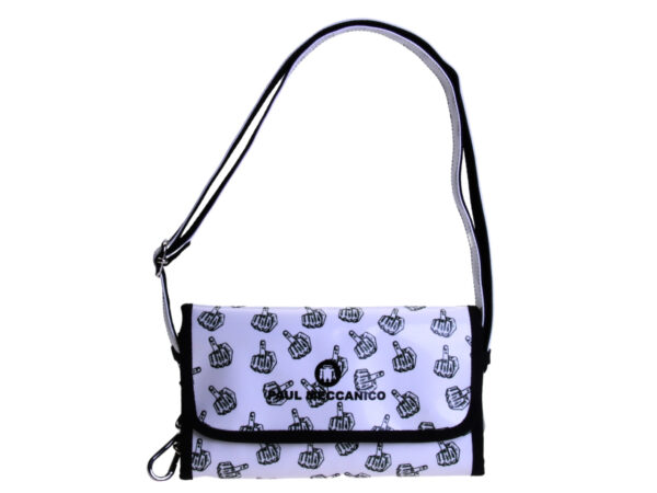 ...BLACK AND WHITE CLUTCH BAG "MIDDLE FINGER". MODEL CANDY MADE OF LORRY TARPAULIN.