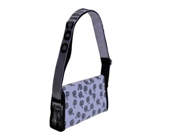 ...BLACK AND WHITE CLUTCH BAG "MIDDLE FINGER". MODEL CANDY MADE OF LORRY TARPAULIN.