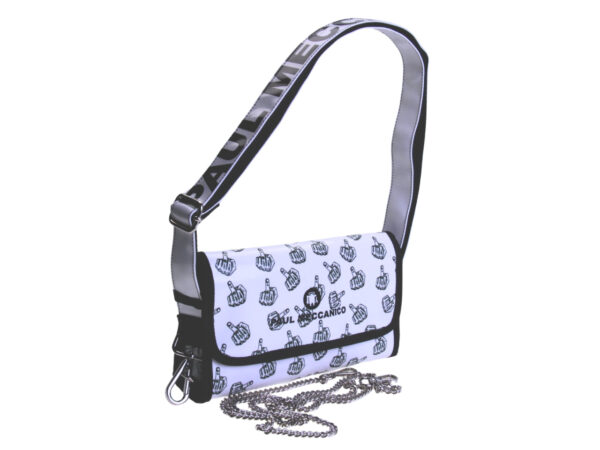 ...BLACK AND WHITE CLUTCH BAG "MIDDLE FINGER". MODEL CANDY MADE OF LORRY TARPAULIN.