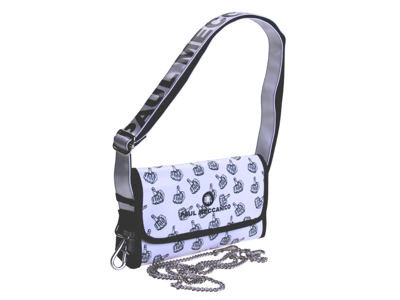 ...BLACK AND WHITE CLUTCH BAG "MIDDLE FINGER". MODEL CANDY MADE OF LORRY TARPAULIN.