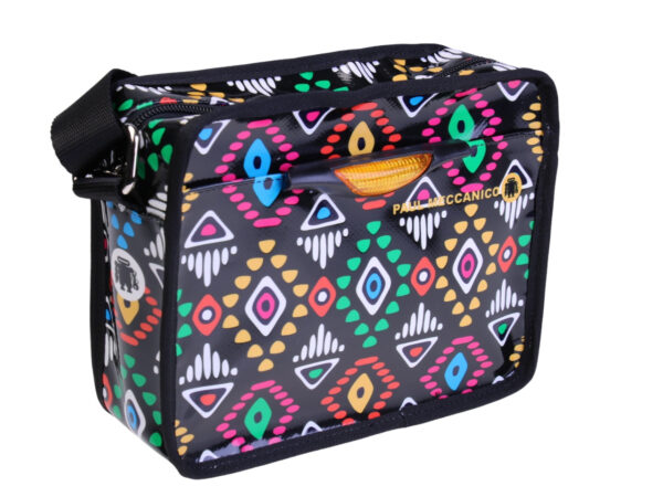 ..BLACK GENDERLESS SHOULDER BAG WITH ETHNIC FANTASY. MODEL FRIK MADE OF LORRY TARPAULIN.