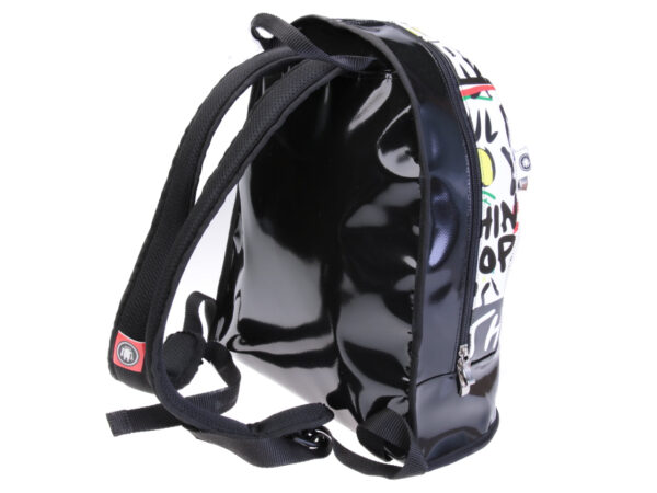 BLACK AND WHITE BACKPACK WITH MURALES FANTASY. MODEL SUPER MADE OF LORRY TARPAULIN.