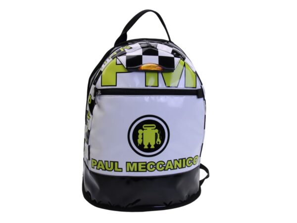 WHITE BACKPACK "GRAND PRIX" STYLE. MODEL SUPER MADE OF LORRY TARPAULIN.