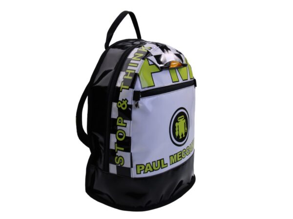 WHITE BACKPACK "GRAND PRIX" STYLE. MODEL SUPER MADE OF LORRY TARPAULIN.