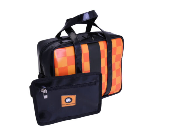 _ BLACK AND ORANGE RECTANGULAR WOMEN'S BAG WITH CHESS FANTASY. MODEL PINCA MADE OF LORRY TARPAULIN.