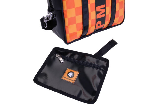 _ BLACK AND ORANGE RECTANGULAR WOMEN'S BAG WITH CHESS FANTASY. MODEL PINCA MADE OF LORRY TARPAULIN.