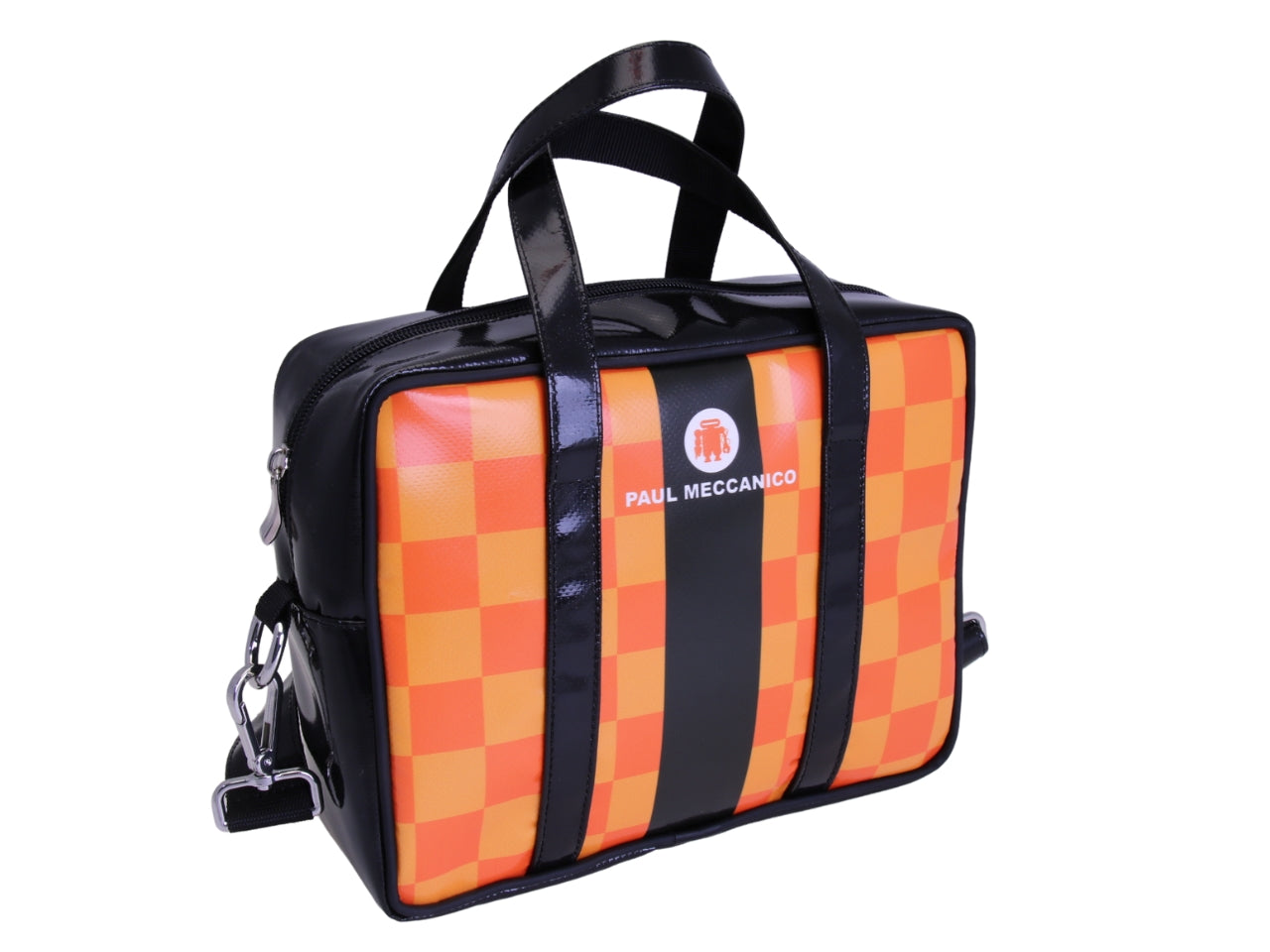 _ BLACK AND ORANGE RECTANGULAR WOMEN'S BAG WITH CHESS FANTASY. MODEL PINCA MADE OF LORRY TARPAULIN.