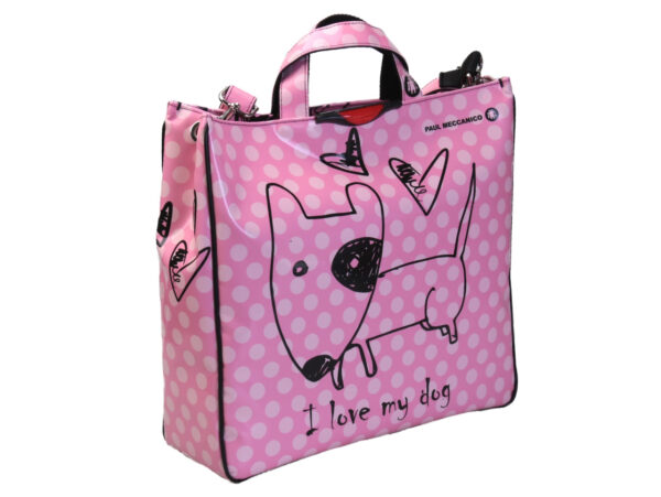 PINK MAXI TOTE BAG "I LOVE MY DOG". MODEL AIRSTONE MADE OF LORRY TARPAULIN.